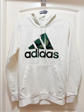 adidas White Crewneck Hoodie with Green Camo Logo